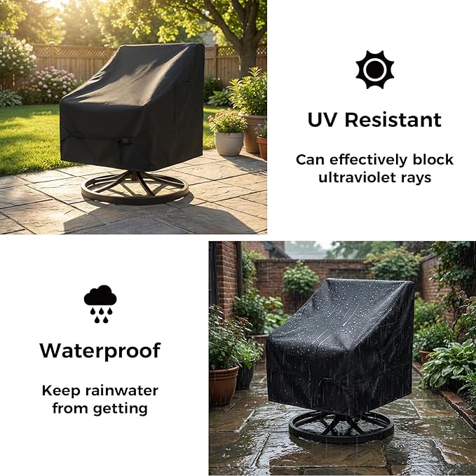 Dntorx 2 Pack Waterproof Patio Chair Covers, 32W x 35D x 36H Inches Durable Patio Furniture Covers with 1 Handbag for Lounge Deep Seat, Adjustable Waist Belt & Windproof & Breathable(Black)