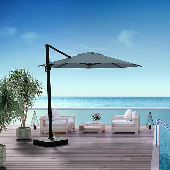 Midtown Umbrellas The Grande Round 10 FT Outdoor Cantilever Patio Umbrella w/Sunbrella Canvas Haze Acrylic Fabric - 8 Rib Aluminum Frame Offset w/Tilt And 360° Rotate Pedal System - Black Frame