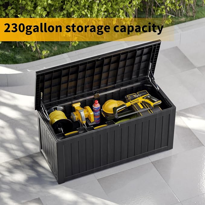MONDAWE 230 Gallon Resin Deck Box Waterproof Outdoor Storage Box Lockable Patio Storage Container Bench Seating for Cushions Garden Tools Pool