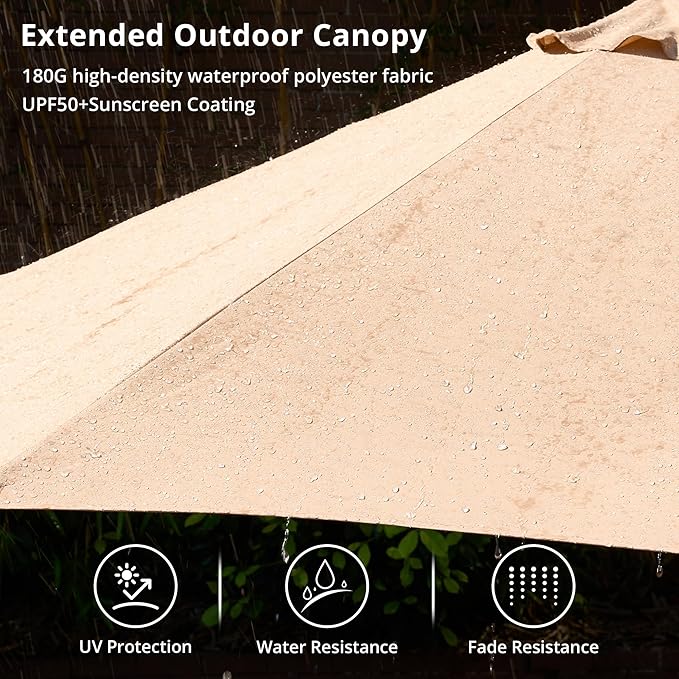 15ft Large Patio Umbrellas with Base & Solar Lights,Outdoor Rectangle Double-Sided Market Umbrella with Stand & 38 LED Lights,Outside Umbrellas for Poolside Deck Backyard (Beige/Tan)