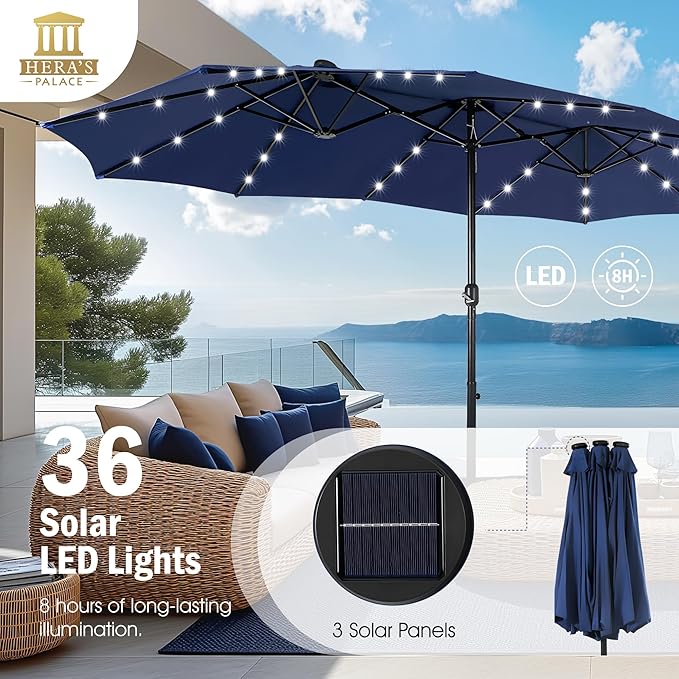 HERA'S PALACE 15ft Patio Umbrella with Base Included Double Sided Outdoor Umbrella for Patio Table Umbrella Outdoor 36 LED Solar Lights for Garden
