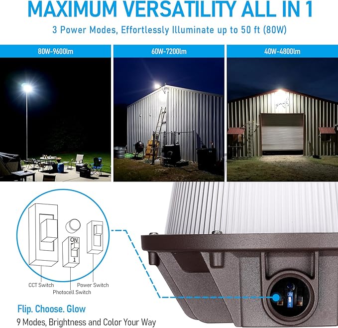 TORCHSTAR 3CCT LED Barn Light, Dusk to Dawn Area Lights with Photocell, Outdoor Security Flood Lighting, Update 40W/60W/80W Selectable, ETL Listed, IP65 Waterproof, Aluminum, 120-277V, Garage, Bronze
