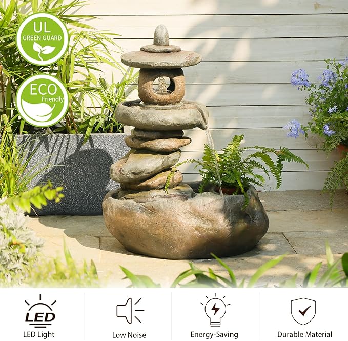 28" H Imitation Rock Pagoda Design Outdoor&Indoor Cascading Water Fountain, Natural Zen Decor Waterfall with LED Lights - Suitable for Garden/Patio/Yard/Deck/Balcony and Home Art Decor （Resin）