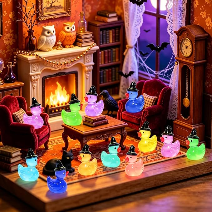 100 Pcs Halloween Luminous Mini Resin Ducks Glow in the Dark Tiny Little Plastic Duck Figures with Witch Hat Miniature Figurines for Crafts Micro Landscape Fairy Garden Party Decor