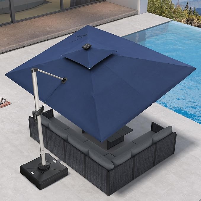 PURPLE LEAF 9' X 11.5' Solar Powered LED Patio Large Umbrella Offset Double Top Hanging Umbrella Outdoor Market Umbrella for Garden