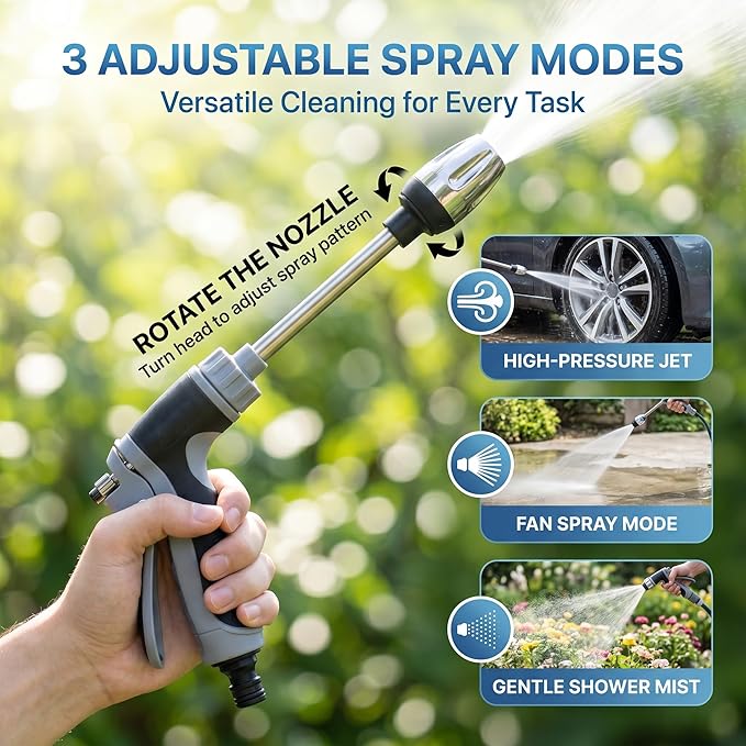 Aquoxis Pressure Washer, 2026 New Handheld Power Washer 360° Rotating Nozzle, 3 Spray Modes, Stainless Steel Universal Hose Fit, Multi Function Lawn & Garden Watering Sprayer, Tool-Free Installation