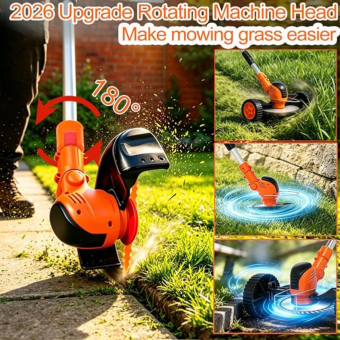 Cordles Weed Wacker, 21V Electric Weed Eater Battery Powered, No String Trimmer with Wheels & Metal Blades, Lightweight Grass Trimmer/Lawn Edger/Brush Cutter, Stringless Weed Trimmer for Yard Garden