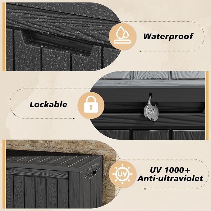Fancyango 110 Gallon Outdoor Deck Box Waterproof, Large Storage Box for Patio, Resin Storage Bench Lockable for Garden Tools, Package Delivery, Black