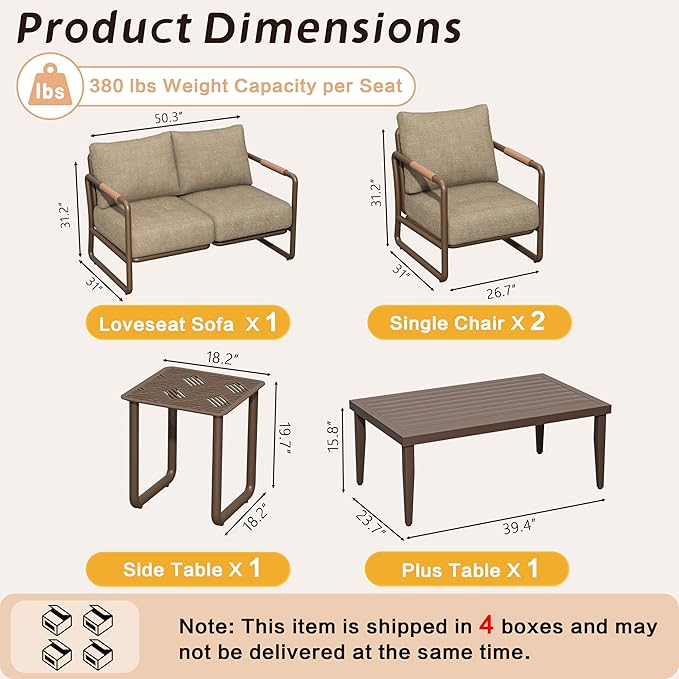 Aluminum Outdoor Patio Furniture Set, 4-Piece Conversation Sofa Set with Coffee Table, Thick Cushions & All-Weather Aluminum Frame, Modern Garden Seating for Backyard, Poolside, or Porch – Brown