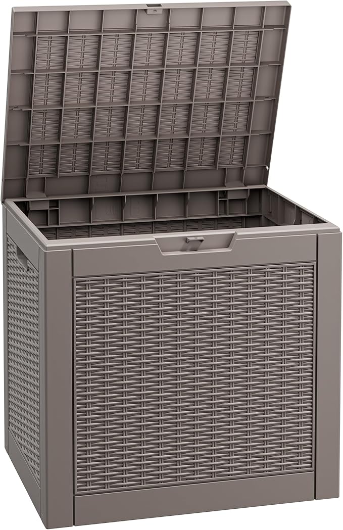 Fancyango 32 Gallon Outdoor Deck Box Waterproof, Storage Box for Patio, Resin Storage Bench Lockable for Garden Tools, Package Delivery, Grey