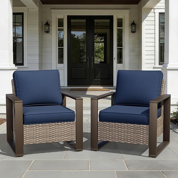 Joyside Outdoor Patio Chairs Set, 2 Pieces Wicker Rattan Chairs with Metal Wide Armrest, Thick Cushions and Deep Seating for Garden, Backyard, Porch, Deck