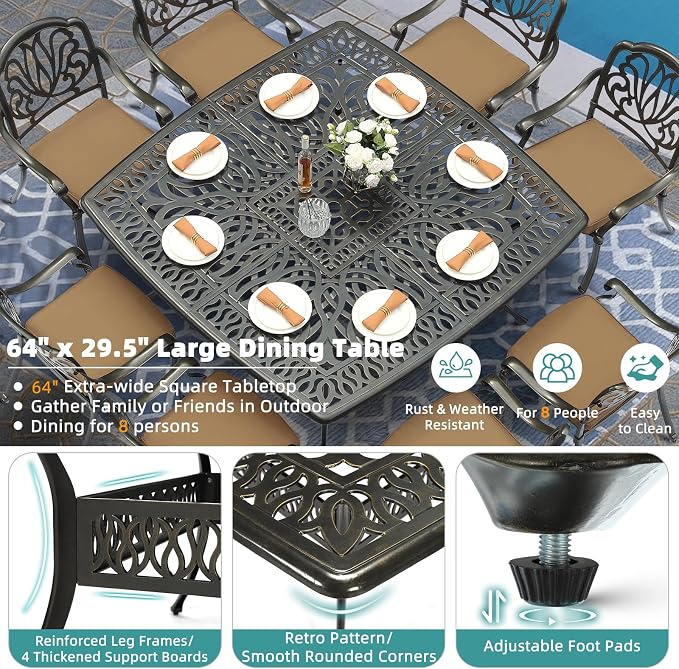 MEETWARM Outdoor 64" Square Patio Dining Table with Detachable Lazy Susan, All Weather Cast Aluminum Large Patio Furniture Table Set for 8 Seat with 35.4" Rotating Tray, Umbrella Hole, Dark Bronze