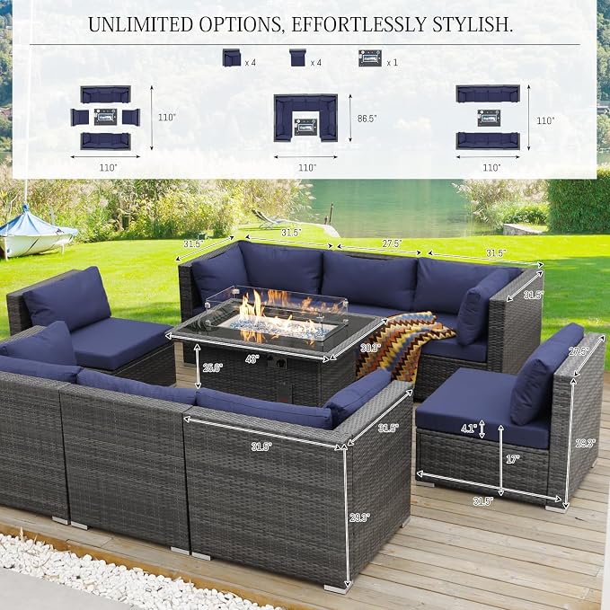 BULEXYARD 9 Piece High Back Outdoor Sectional Seating with Fire Pit Table, Heavy Duty Sturdy Wicker Patio Set Conversation Couch Sofa, Extra Wide Deep Large 8-Person Deck Furniture, Grey & Navy Blue
