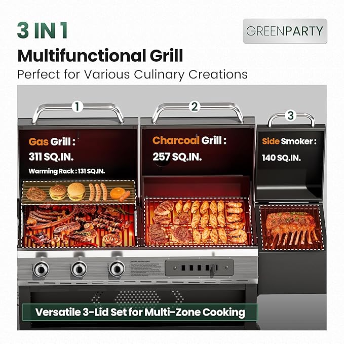 3-Burner Gas and Charcoal Grill Combo with Offset Smoker, 30,000 BTU Dual Fuel Grill, 839 Sq. In. Cooking Area BBQ Grill, Ideal for Outdoor Cooking Patio Backyard Balcony