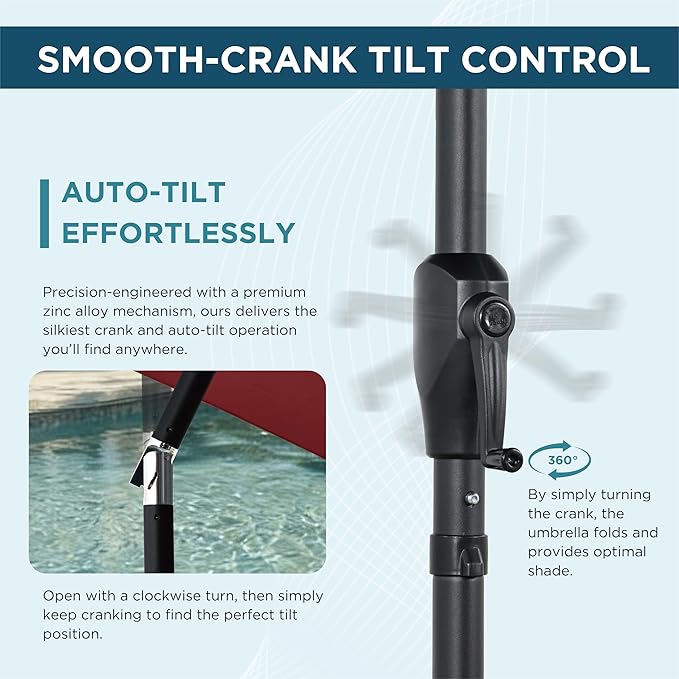 9FT Outdoor Patio Umbrella with Crank Lift & Auto Tilt - Market Umbrella, 8 Heavy-Duty Ribs, UV Resistant & Water-Repellent for Garden, Deck, Poolside & Backyard