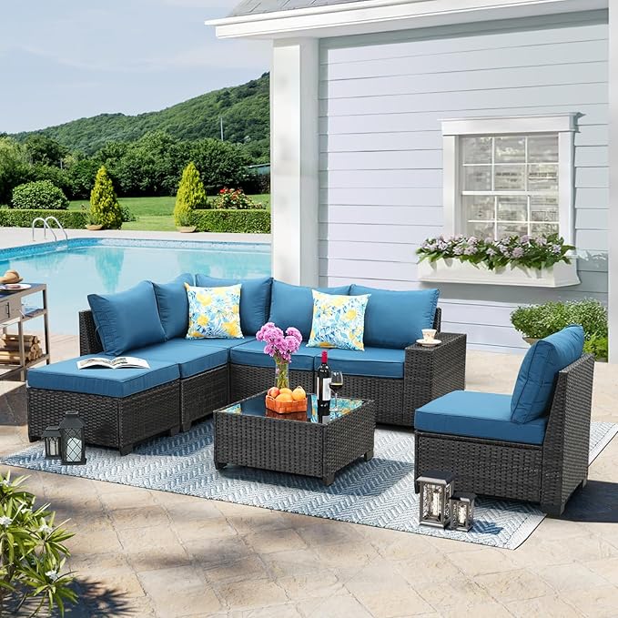 7 Pieces Patio Furniture Set,Wicker PE Rattan Outdoor Sectional with Cushion & Coffee Table, Patio Conversation Sofa for Garden, Backyard, Poolside, Peacock Blue