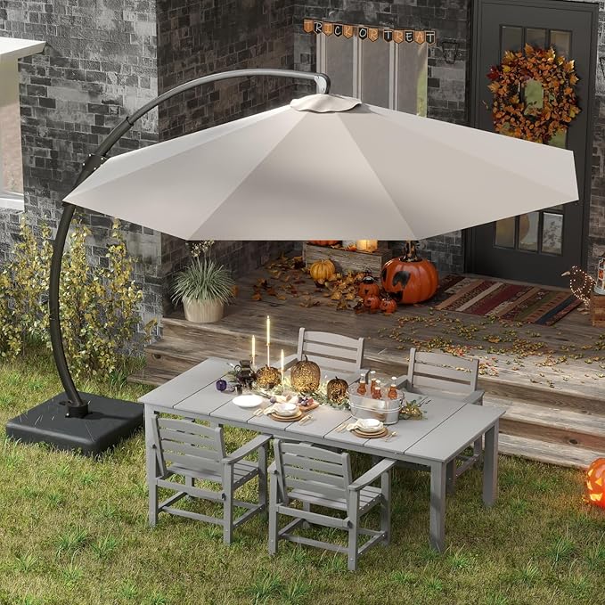 5-Piece Grey Outdoor Dining Set with White 11FT Large Patio Umbrella, 75.2'' HDPE Table & Chairs for 8, Weather-Resistant Furniture with Umbrella Hole for Patio, Lawn, Poolside