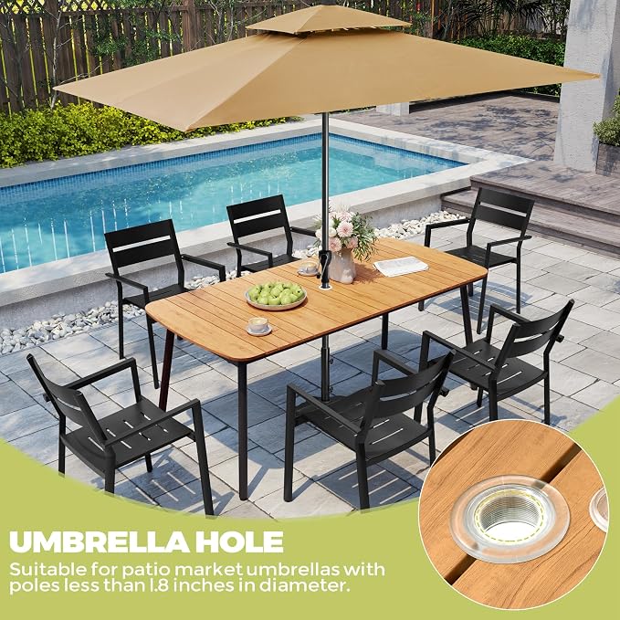 Crestlive Products Outdoor Dining Table for 6, 70In Aluminum Patio Table with Umbrella Hole Weather Resistant Rectangle OutsideTables for Patio Garden Lawn, Brown