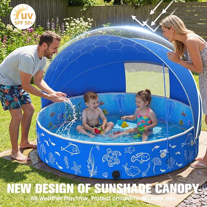 FizZeal Kiddie Pool with Canopy, 50in Foldable Toddler Pool,Pop Up Baby Pool with Shade,UPF 50+UV Portable Swimming Pool for Kids,Collapsible Baby Pool for Beach, Outdoor Toddler Pool for Backyard