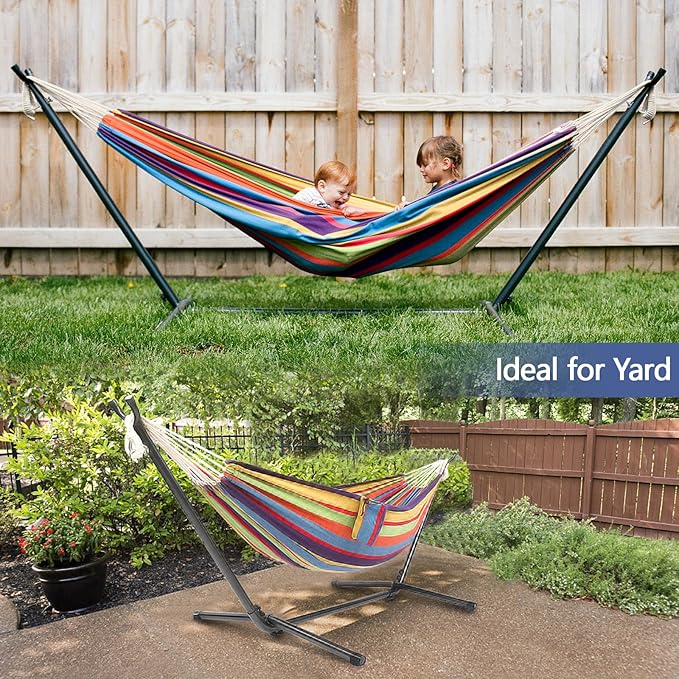 ONCLOUD 550 LB Capacity Double Hammock with Stand – Portable Bag Included (Rainbow Stripe)