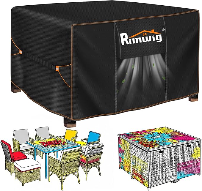 Patio Furniture Set Cover Waterproof, Square Outdoor Table and Chair Set Covers, Heavy Duty Outside Weatherproof Garden Rattan Set Covers 60" L x 60" W x 28" H Black