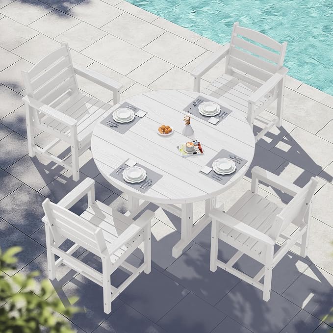 SERWALL 5-Piece Patio Dining Sets, HDPE Outdoor Table and Chairs Furniture Set, 45" Round Dining Table and 4 Dining Chairs, White