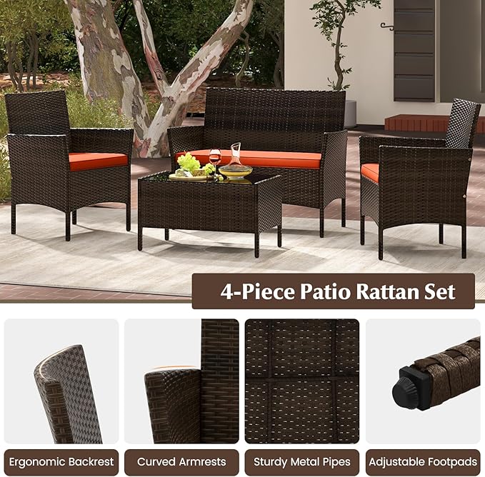 Tangkula 8 Piece Patio Rattan Conversation Set, Outdoor Wicker Furniture Set with Chair, Loveseat & Tempered Glass Table, Cozy Seat Cushions, Outside Sectional Sofa Set for Backyard (2, Orange)