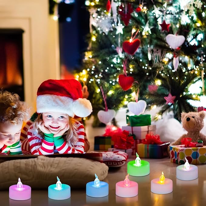 48 Pack Slowly Color Changing Tea Lights Battery Operated, Flameless Electric Colored Flicker Votive TeaLights, Colorful Flickering Candles Bulk for Christmas Party Halloween Pumpkin Decorations