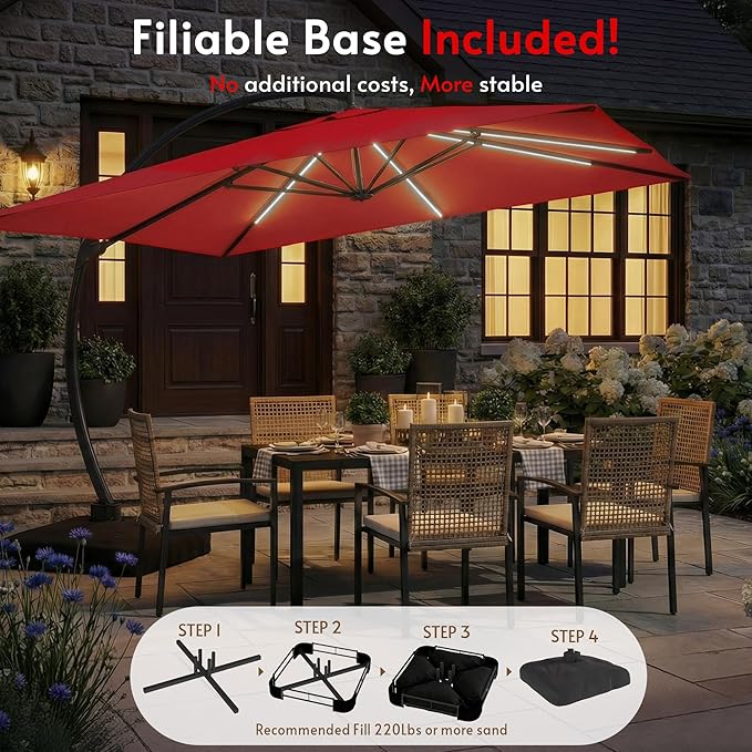 11x11FT Solar Powered LED Light Cantilever Patio Umbrella with Base Included, Large Cantilever Umbrella with 360°Rotation, Heavy-Duty Offset Outdoor Umbrella for Patio,Pool,Backyard (Red)