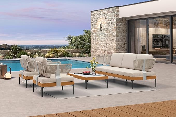 PURPLE LEAF Patio Furniture Set Outdoor Conversation Sets with Removable Cushions and Pillows 6 Piece Aluminum Modern Wicker Sofa Chairs with Coffee Table for Balcony Yard Garden, Oatmeal Greige