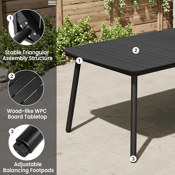82" Outdoor Dining Table for 8 Aluminum Patio Table | Rectangle Black Table with Umbrella Hole and Wood Grain Tabletop for Lawn Backyard Garden