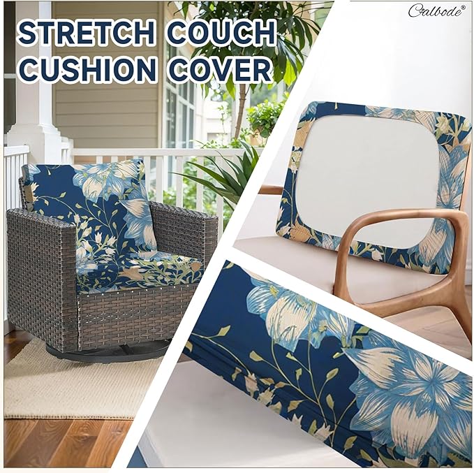 CALBODE 12Pcs Stretch Patio Cushion Cover, Printed Couch & Sofa Slipcovers for Patio Furniture Cushions Washable Reusable Couch Covers Replacement for Autumn Winter (Dark Blue Floral, Cover Only)