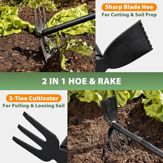 Weed Puller Tool with 45.5" Long Handle, 2 in 1 Small Garden Weeding Hoe & Rake, Handheld Stand Up Hoe Garden Tool for Lawn, Garden, Yard, Flower Bed, Patio & Small Farm