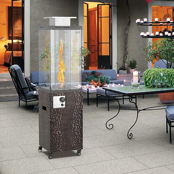 OTSUN 56'' Outdoor Patio Heater, Propane Heater with Wheels, Metal hood, Weather Cover, 201 Double Tempered glass, 41000 BTU with CSA Certification Gas Fireplace