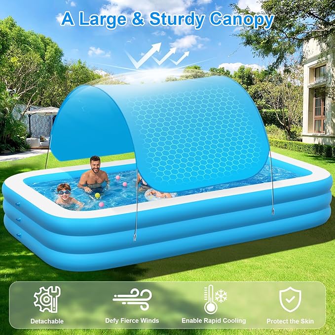 Extra Large Inflatable Pool with Canopy Pump, 145" x 74" x 22" Large Blow Up Pool for Adults Family, Full Size Inflatable Swimming Pool with Big Shade for Backyard Outdoor