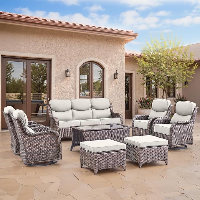 Swivel Patio Chairs sofa Set of 8 with 6" Thick Cushion - Wicker Outdoor Swivel Rocker Patio Chair ,Sofa/Glass coffee table, High Back Comfortable Outdoor Glider Chairs - Brown Wicker | Beige Cushions