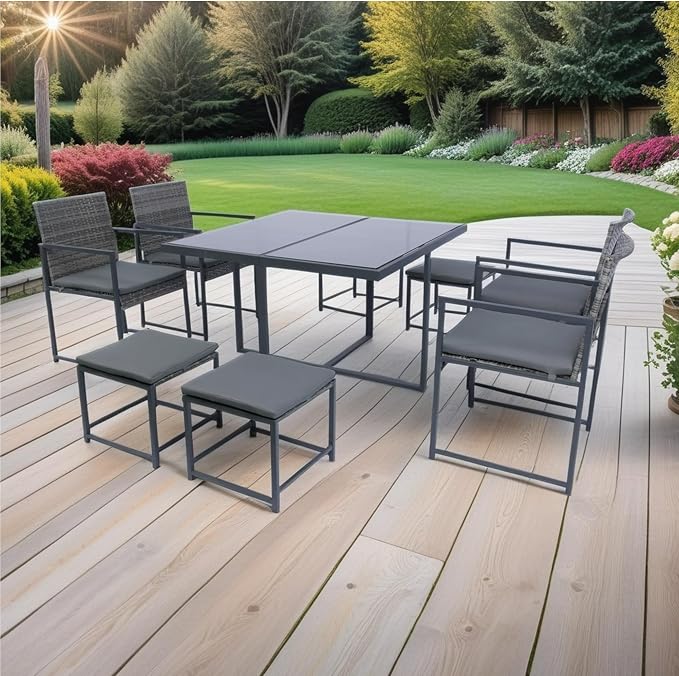 LUMISOL 9 Piece Outdoor Patio Dining Set with Glass Top Table,Patio Furniture Sets with Cushion,All Weather Sectional Conversation Set,Space Saving Patio Set for 8,Backyard,Beach