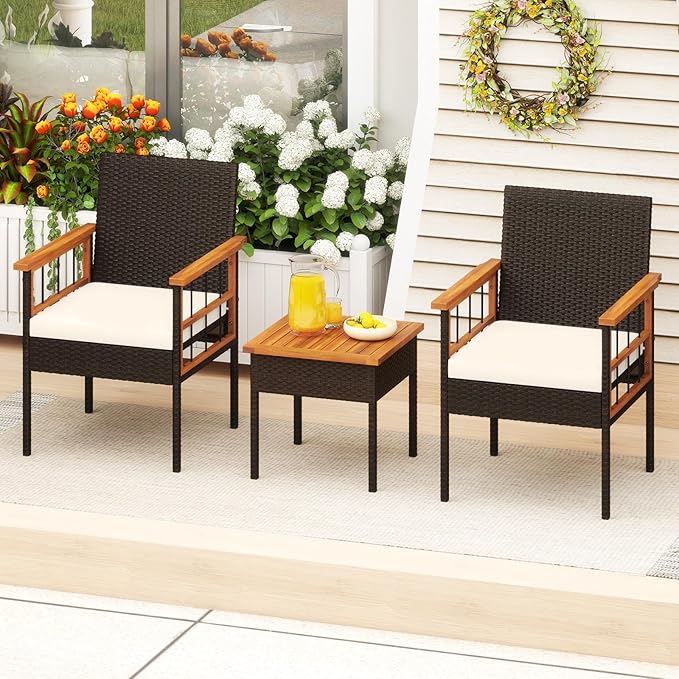 Tangkula 3 Piece Outdoor Wicker Conversation Furniture Set, Patio Rattan Cushioned Chair & Side Table Set with Acacia Wood Tabletop & Armrests, for Backyard, Porch, Balcony