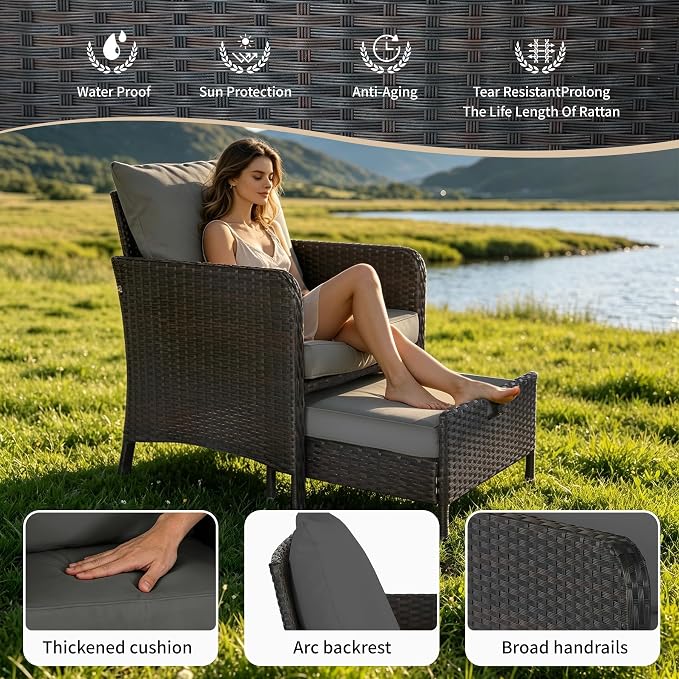 YLGJ&TIDY 5 Pieces Patio Furniture Set, Rattan Outdoor Lounge Chairs with Soft Cushions,Outdoor Wicker Patio Conversation Set with Hidden Ottoman and Coffee Table for Porch, Garden, Backyard (Gray)