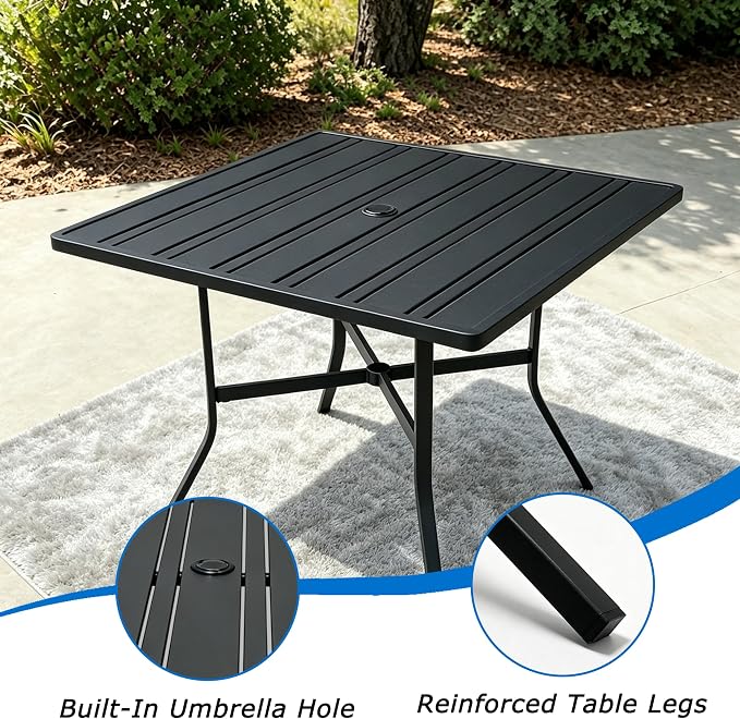 34" Square Patio Table with Umbrella Hole, Metal Outdoor Dining Table for Garden, Backyard and Deck, 4 Person Square Patio Dining Table for Outside, Black