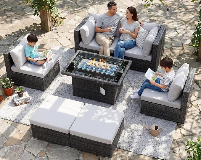 BULEXYARD 7 Piece High Back Outdoor Sectional Set with Fire Pit Table, Wicker Patio Furniture Set Weather-Resistant, Modular 6-Person Couch Sofa Comfortable Wide Deep Seats for Backyard, Light Grey