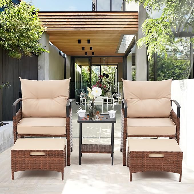 AVAWING 5 Pieces Patio Furniture Set, Outdoor Rattan Chairs with Metal Coffee Table, Ottomans & Soft Cushions, Wicker Conversation Bistro Set for Garden, Deck, Balcony, Poolside(Beige)