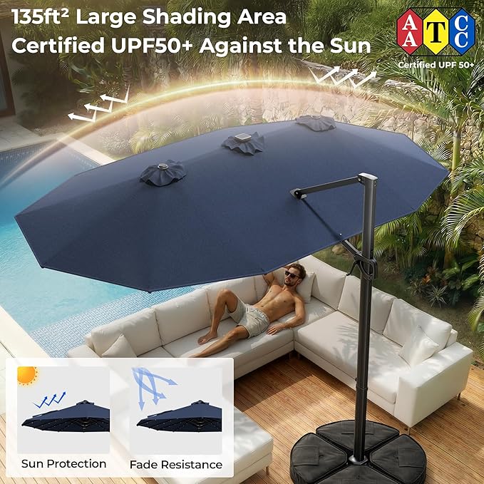 HOMSHADE 15FT Cantilever Double-Sided Umbrella with Solar Light and Base, Rectangle Oversized Offset Patio Umbrellas, Extra Large Outdoor Umbrella for Pool, Deck, Garden, Market (Navy Blue)