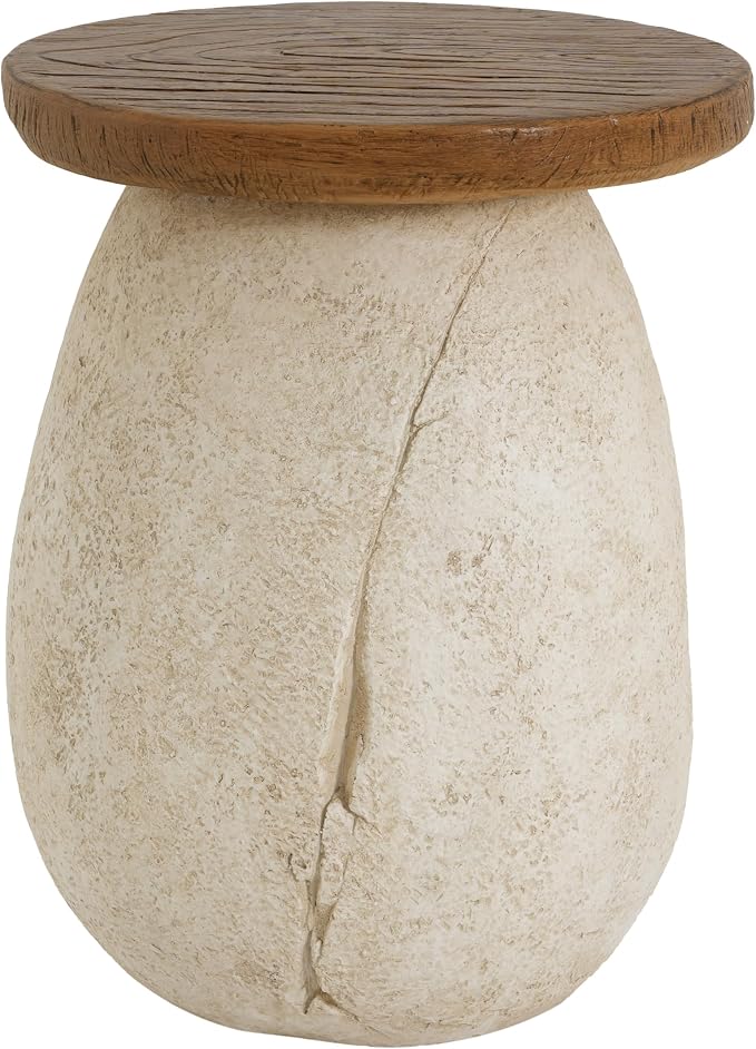 Outdoor Side Table, Modern Organic MGO Accent End Table for Patio, Living Room, Beige Tone Organic Pear-Shaped Base with Faux Wood Grain Top