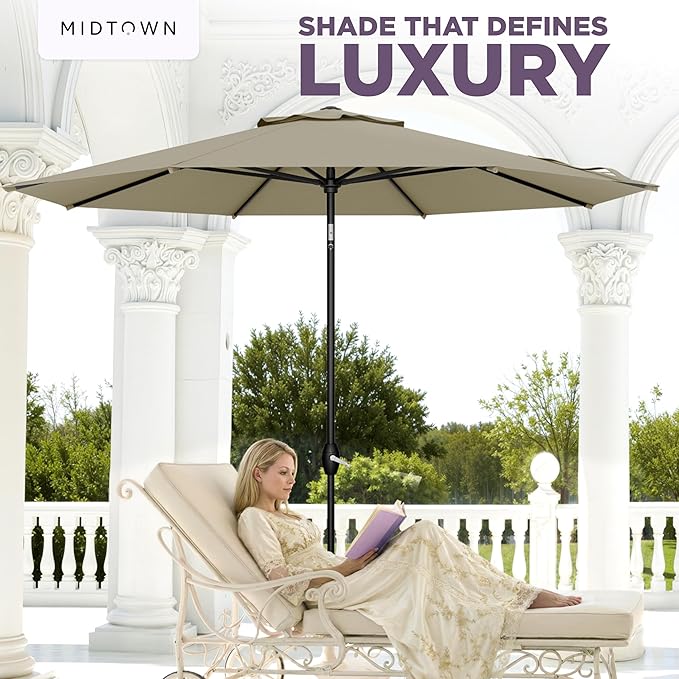 Midtown Umbrellas - The Lean 8 Ft Patio Umbrella with Fade-Resistant Sunbrella Fabric, Auto-Tilt Aluminum Frame and 8 Reinforced Ribs for Deck, Pool & Garden - Antique Beige Canopy, Black Pole