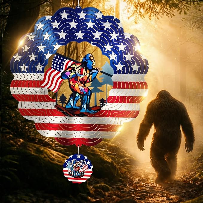 Bigfoot Garden Decoration 12 Inch Wind Spinner with Sasquatch | Outdoor Garden Decor 12 Inch Stainless Steel, Hanging Yard Art for 250th Patio & Indoor Use, Gifts for Men Dad Husband