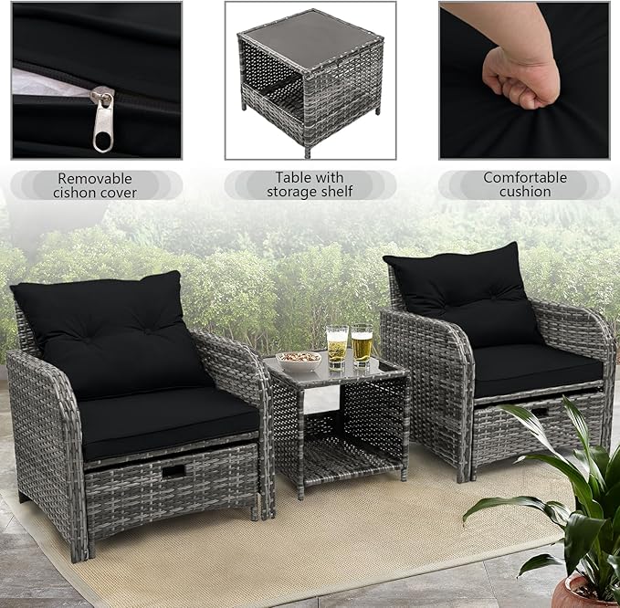 5 Pieces Wicker Outdoor Patio Chairs with Ottoman, PE Wicker Rattan Patio Conversation Furniture Set with Underneath Footrest, Wicker Outdoor Patio Chairs and Ottoman Set with Table, Black