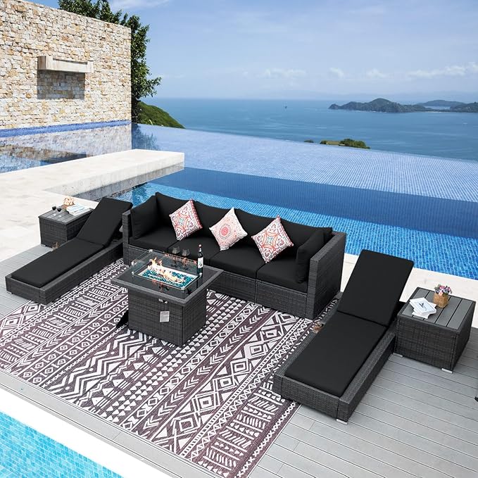 NICESOUL 9 Piece Outdoor Patio Furniture Set with Fire Pit, Modern Backyard Sectional with Loungers, Cozy 29.3'' High-Back Outside Seating Sofa, All-Weather Wicker Couch for Garden, Grey & Black