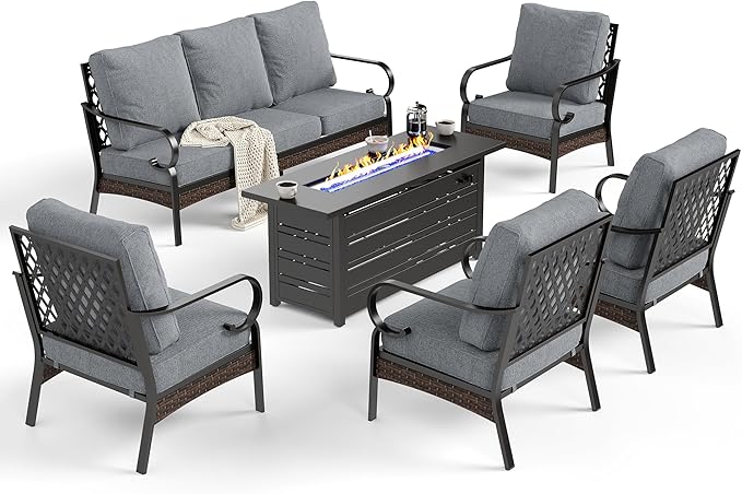 6 Piece Black Metal Outdoor Patio Furniture Sets with Firepit Table, Patio Conversation Sets 1 3-Seater Sofa, 4 Single Sofa with 5.75" Extra Cushion Backyard Furniture for Deck, Gray