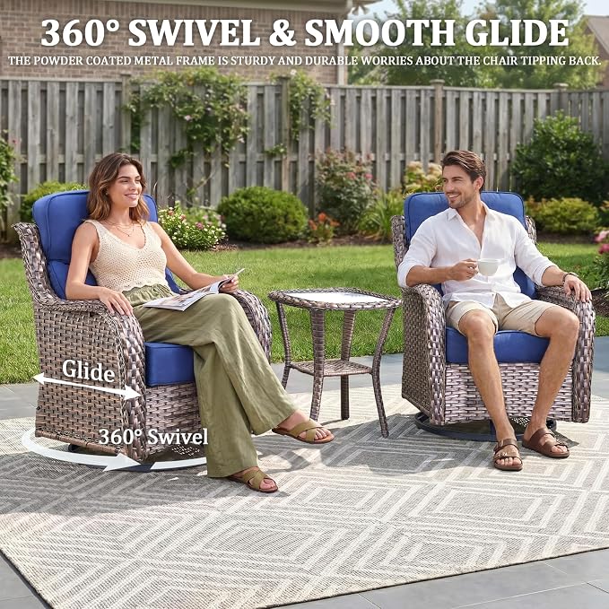 Luxury Swivel Rocker Chairs Fire Pit Set with 6" Thick Cushion 9 piece Wicker Outdoor Patio Chair with Sofa and Side Table,Comfortable High Back Outdoor Patio Furniture Set - Brown | Blue